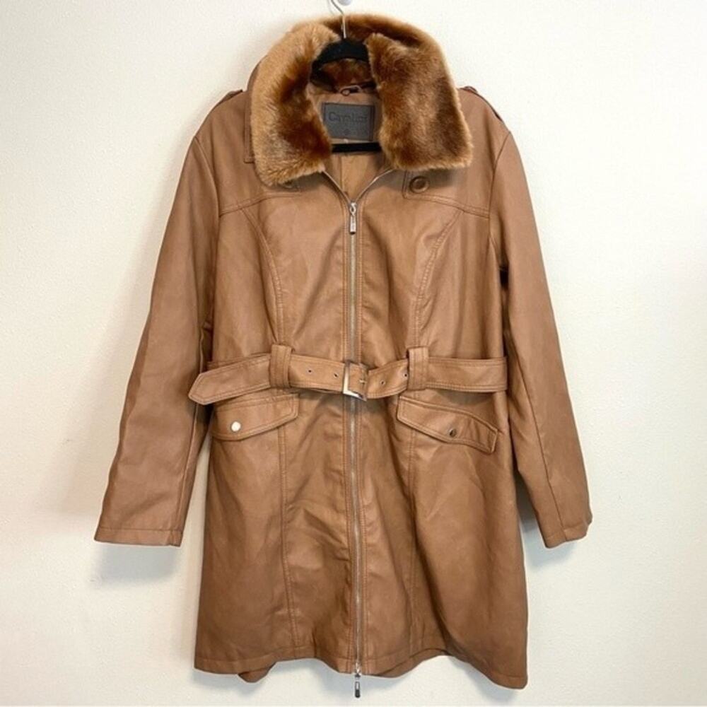 Cavalini Tan Leather Trench Coat with Faux Fur Collar